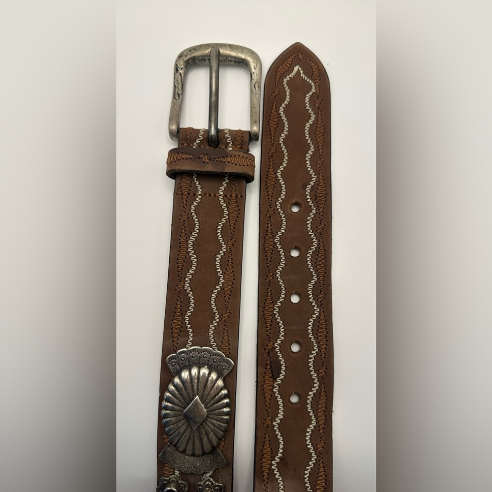 Adoppia Vita Belt 30" Brown Leather Silver Concho Medallion Onyx Western Vtg - Picture 5 of 6